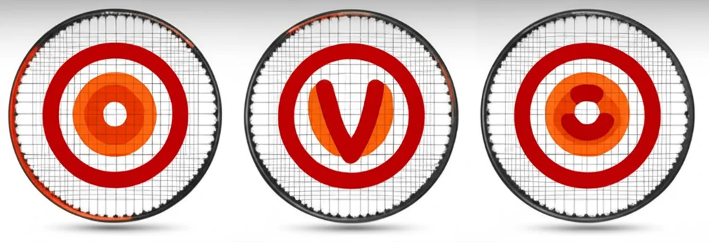 Visualizzazione grafica 3D di tre piatti corde di racchette da tennis. Ogni piatto corde ha una mappa di calore sovrapposta che illustra i diversi profili di Shock Ratio: uno con un 'sweet point' rosso brillante al centro, uno con una 'sweet line' a forma di V in rosso, e uno con una 'sweet zone' più ampia in rosso/arancione. Sfondo neutro per enfatizzare i grafici. Obiettivo grandangolare 24mm, illuminazione diffusa.