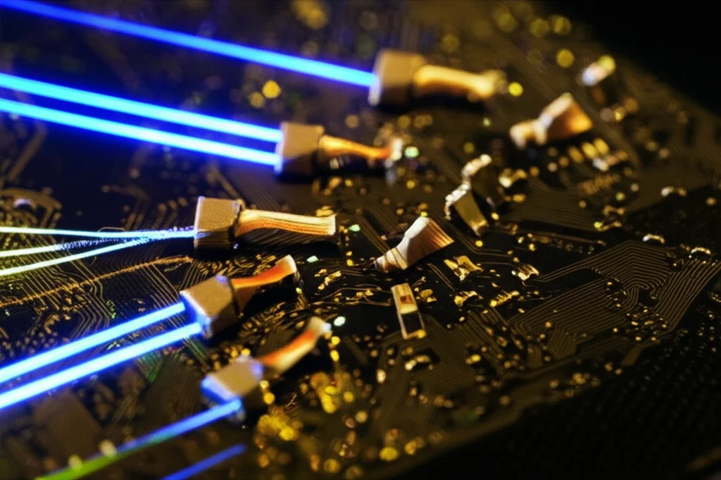 Primo piano di un circuito quantistico stilizzato con qubit luminosi interconnessi, obiettivo macro 80mm, alta definizione, illuminazione controllata che enfatizza i percorsi di trasporto e le diverse fasi (balistica, diffusiva, localizzata) rappresentate da flussi di luce di diversa intensità e pattern.