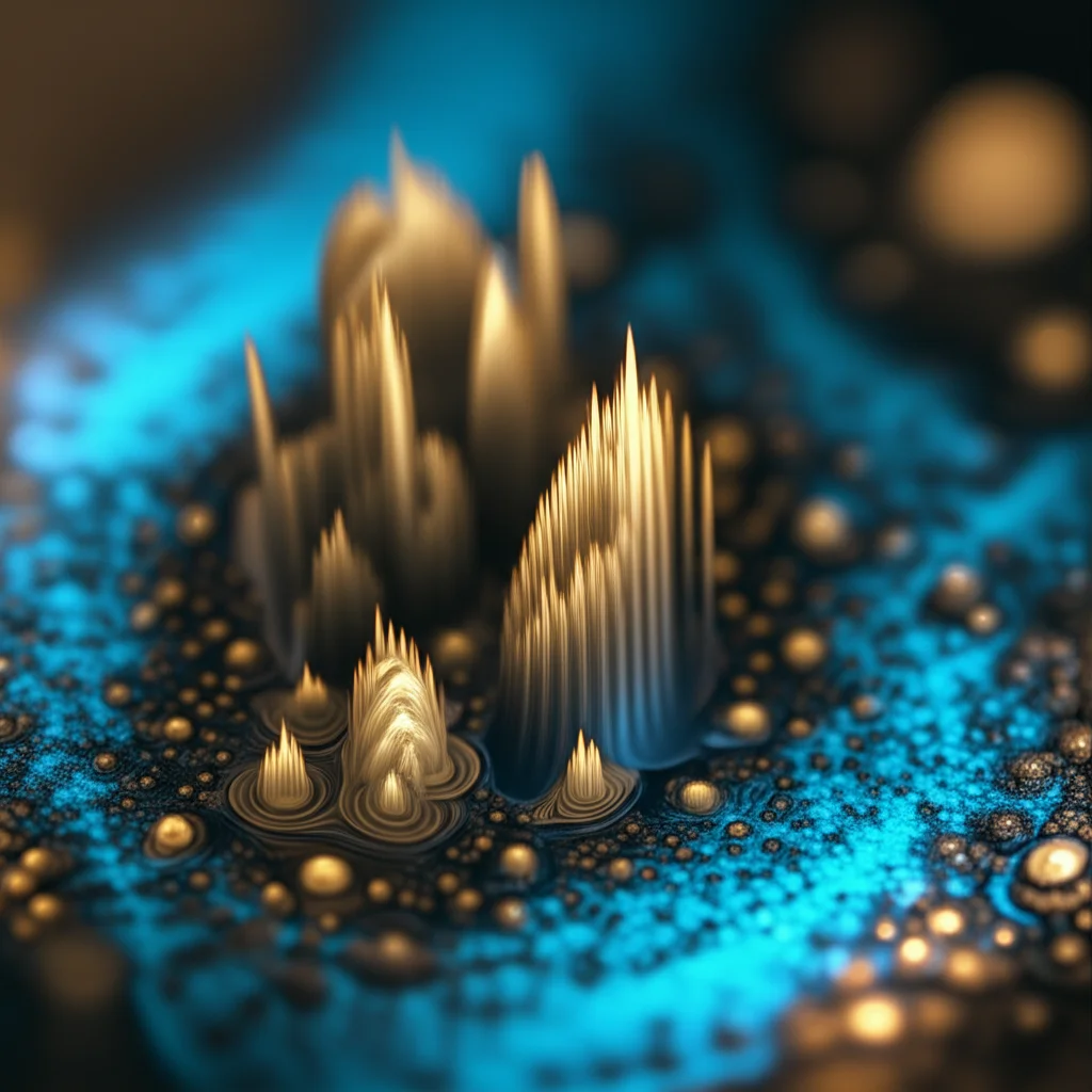 Visualizzazione astratta di autovalori spettrali complessi (Ruelle-Pollicott) che emergono da un propagatore di operatori, con picchi distinti che indicano simmetrie nascoste. Stile grafico scientifico, ma con un tocco artistico, colori duotone blu e oro, profondità di campo, obiettivo macro 90mm.