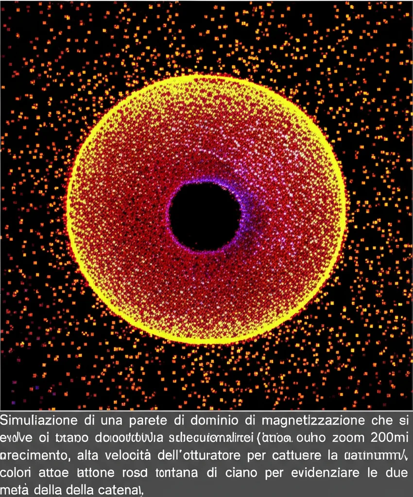 Simulazione di una parete di dominio di magnetizzazione che si evolve nel tempo in un sistema di spin, mostrando un fronte di propagazione superdiffusivo (KPZ). Teleobiettivo zoom 200mm, tracciamento del movimento, alta velocità dell'otturatore per catturare la dinamica, colori duotone rosso e ciano per evidenziare le due metà della catena.