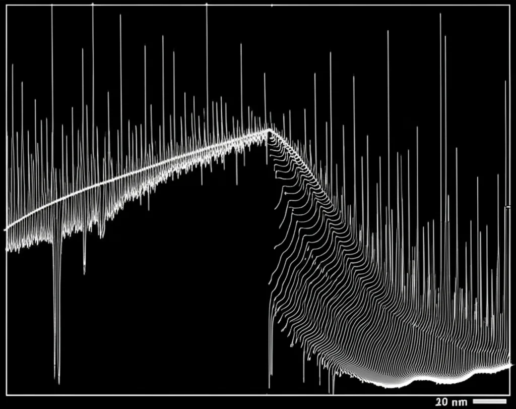 Grafico di una funzione frattale complessa che rappresenta la dipendenza della corrente di spin da un parametro del gate, con picchi auto-simili a diverse scale. Obiettivo macro 100mm, messa a fuoco precisa sui dettagli fini della struttura frattale, illuminazione laterale per accentuare la texture, sfondo nero per massimo contrasto.