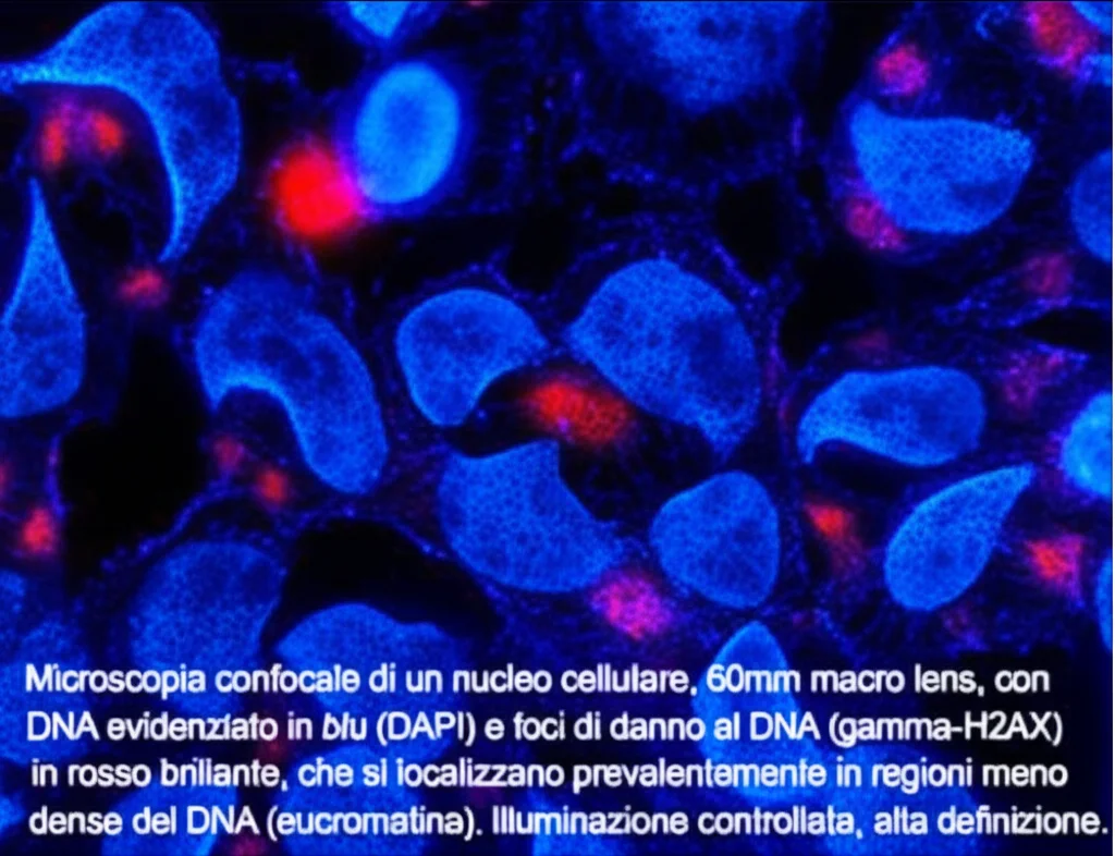 Microscopia confocale di un nucleo cellulare, 60mm macro lens, con DNA evidenziato in blu (DAPI) e foci di danno al DNA (gamma-H2AX) in rosso brillante, che si localizzano prevalentemente in regioni meno dense del DNA (eucromatina). Illuminazione controllata, alta definizione.