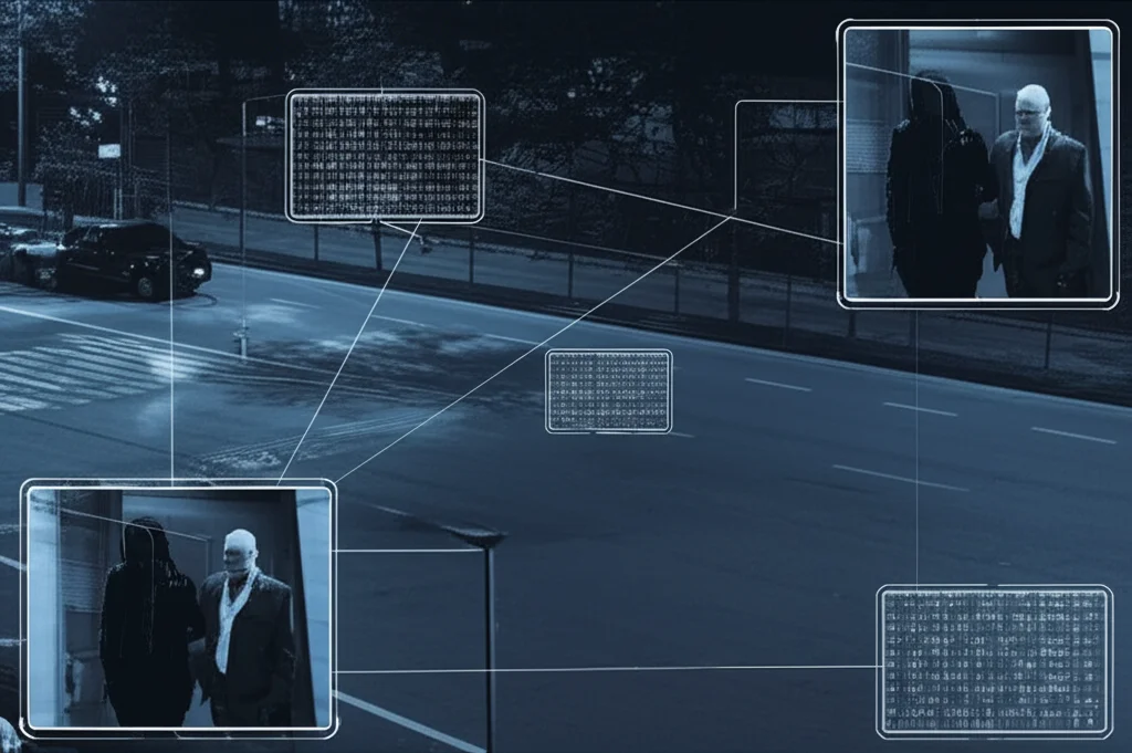 Una scena di sorveglianza notturna high-tech, con sovrapposizioni digitali che mostrano il riconoscimento di persone. Un'immagine composita che mostra sia la visione a infrarossi che quella visibile della stessa scena urbana, con linee che collegano le figure identificate. Obiettivo zoom 24-35mm, effetto duotone blu e grigio scuro, profondità di campo per mettere a fuoco le figure chiave.