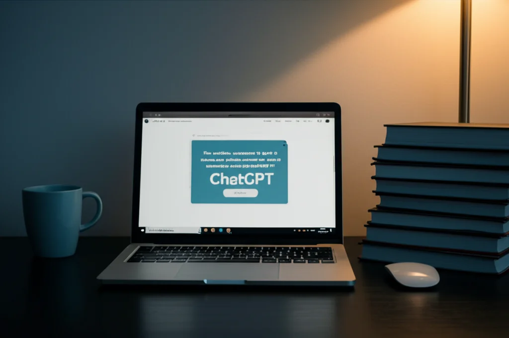 Uno studente universitario seduto a una scrivania ingombra di libri, guarda con espressione combattuta lo schermo di un laptop che mostra l'interfaccia di ChatGPT. La stanza è illuminata dalla luce fredda del monitor e da una lampada da tavolo. Prime lens, 35mm, depth of field, duotone seppia e blu scuro.