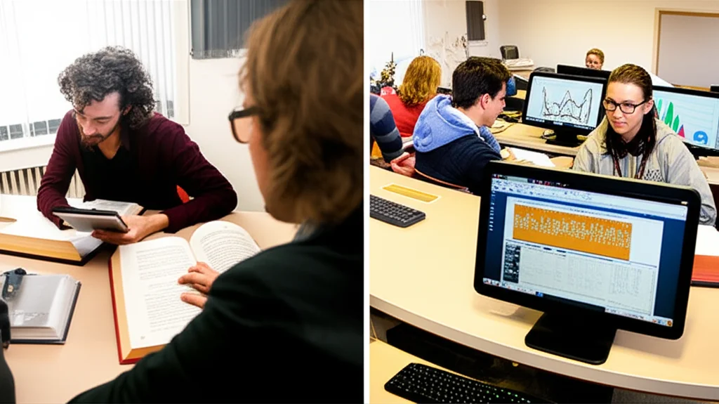 Due gruppi di studenti universitari in aule diverse. A sinistra, studenti di discipline umanistiche discutono animatamente attorno a un tavolo con libri aperti, uno guarda perplesso un tablet. A destra, studenti di ingegneria collaborano attorno a un computer con grafici e modelli 3D, più a loro agio con la tecnologia. Wide-angle lens, 24mm, illuminazione da aula universitaria, colori vividi.