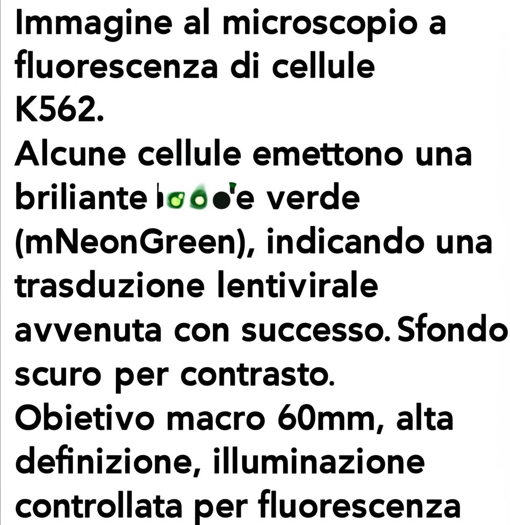 Immagine al microscopio a fluorescenza di cellule K562. Alcune cellule emettono una brillante luce verde (mNeonGreen), indicando una trasduzione lentivirale avvenuta con successo. Sfondo scuro per contrasto. Obiettivo macro 60mm, alta definizione, illuminazione controllata per fluorescenza.