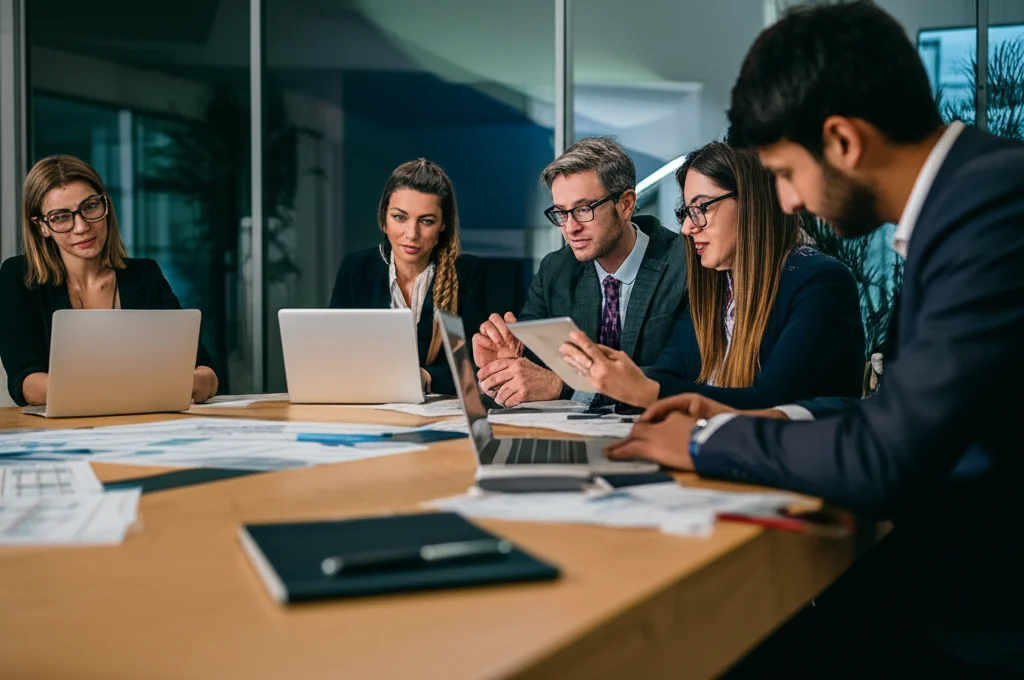 Un gruppo eterogeneo di cinque persone, un accademico di mezza età, un giovane startupper, una studentessa universitaria, uno sviluppatore software e una studentessa di medicina, seduti attorno a un tavolo in un moderno ufficio luminoso, mentre discutono animatamente analizzando grafici e dati su tablet e laptop, relativi alle performance di compagnie telefoniche. Obiettivo prime, 35mm, profondità di campo per mettere a fuoco le espressioni concentrate dei partecipanti.