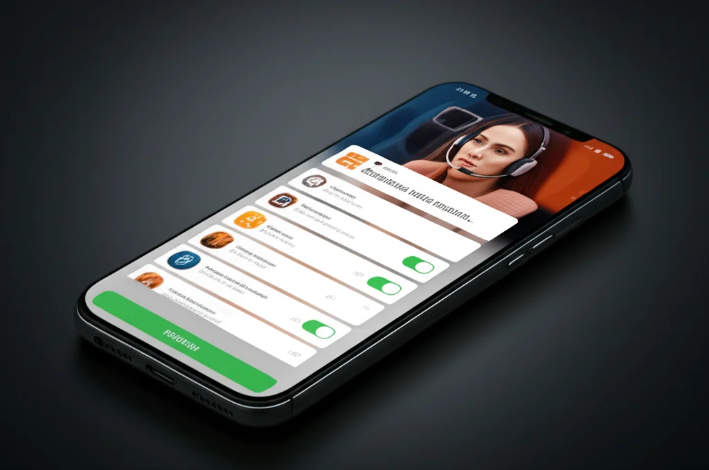 Primo piano di uno schermo di smartphone che mostra un'interfaccia di un'app di un operatore mobile elegante e intuitiva. L'app visualizza opzioni per pacchetti dati personalizzabili e premi fedeltà. Obiettivo macro, 100mm, alta definizione, messa a fuoco precisa, illuminazione controllata, colori vivaci sullo schermo.