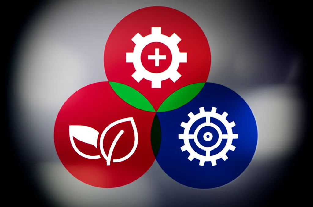 Un'immagine concettuale che mostra tre cerchi colorati sovrapposti – rosso, verde e blu – che si fondono al centro per creare il bianco, simboleggiando i principi della Chimica Analitica Bianca. Attorno, icone stilizzate rappresentano performance analitiche (grafico), sostenibilità (foglia) e praticità (ingranaggio). Lente prime, 35mm, con leggero effetto bokeh sullo sfondo per mantenere il focus sui cerchi.