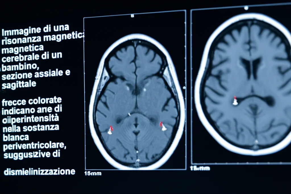 Immagine di una risonanza magnetica cerebrale di un bambino, sezione assiale e sagittale, con frecce colorate che indicano aree di iperintensità nella sostanza bianca periventricolare, suggestive di dismielinizzazione. Wide-angle, 15mm, sharp focus, per evidenziare i dettagli medici.