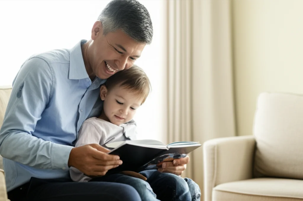 Un genitore sorridente legge un libro illustrato a un bambino piccolo seduto sulle sue ginocchia, in un soggiorno luminoso e accogliente. Fotografia ritratto, obiettivo da 35mm, luce naturale, profondità di campo per mettere a fuoco l'interazione.