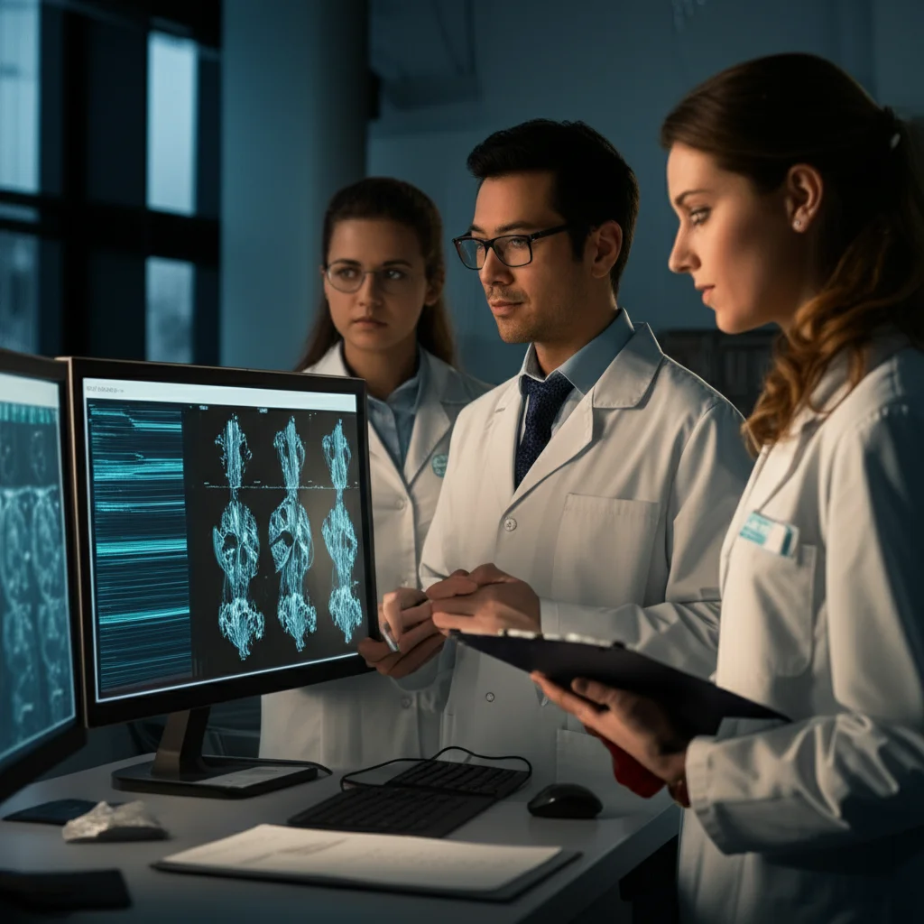 Un team di genetisti e medici che discutono davanti a schermi con dati genomici e immagini cerebrali in un ambiente di ricerca clinica. Prime lens, 35mm, depth of field, luce naturale da finestra.
