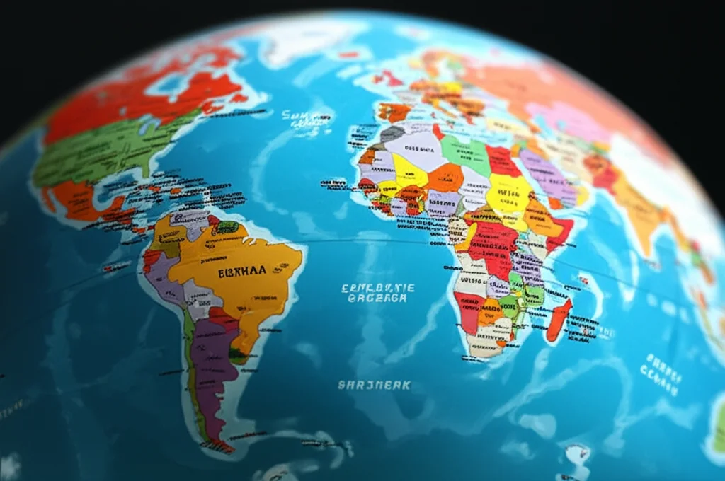 Una mappa del mondo stilizzata con grafici a barre colorati che emergono da diversi paesi, simboleggiando i risultati dell'apprendimento. Macro lens, 100mm, alta definizione, illuminazione controllata per evidenziare i dettagli dei grafici.