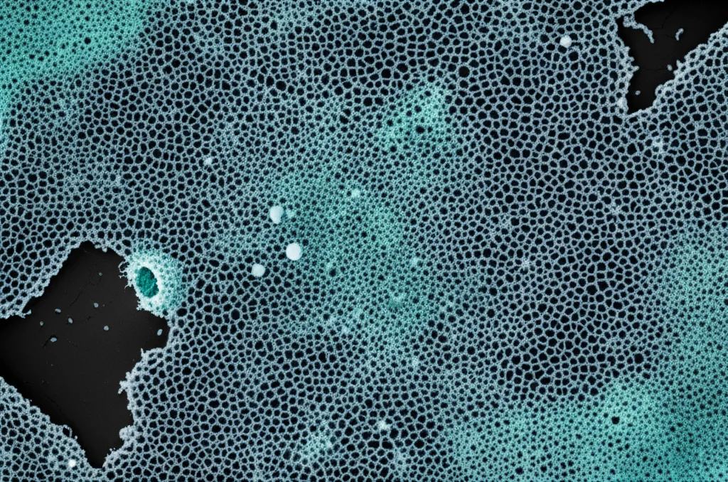 Macro fotografia, 100mm, di nanoparticelle biomimetiche che interagiscono con cellule tumorali di melanoma, illuminazione controllata per evidenziare i dettagli della membrana cellulare e delle nanoparticelle, alta precisione di messa a fuoco, su sfondo scuro per contrasto.