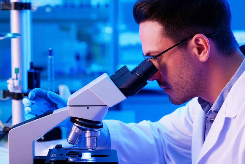 Un ricercatore scientifico in un laboratorio di oncologia molecolare, osserva al microscopio campioni cellulari illuminati. Obiettivo macro 100mm, illuminazione controllata per evidenziare i dettagli delle cellule, sfondo con attrezzature high-tech sfocate per profondità di campo.