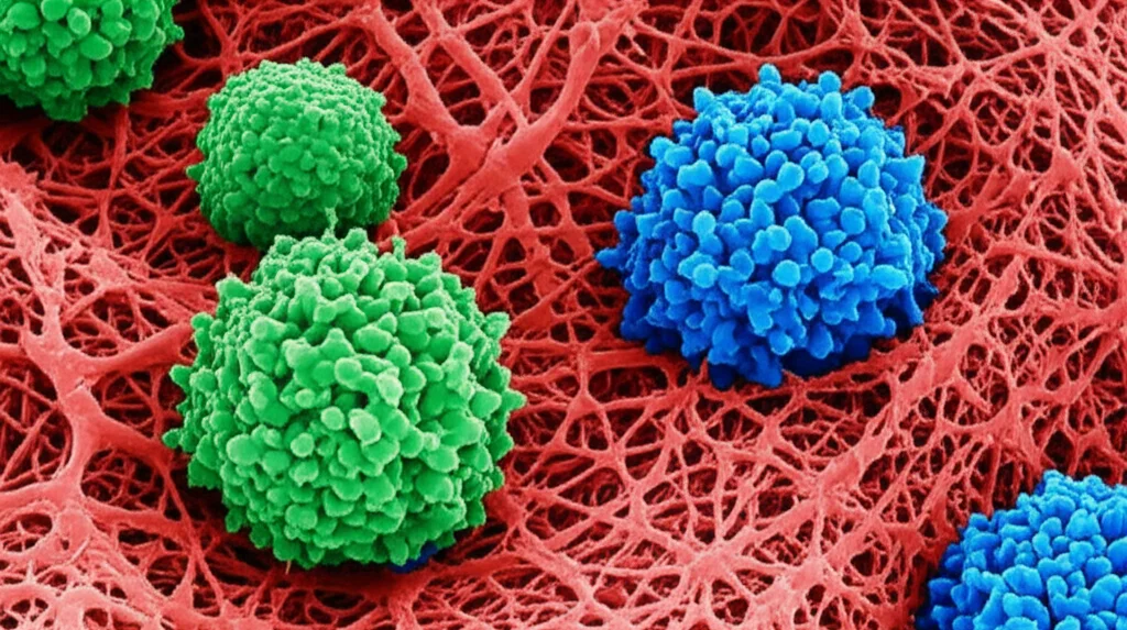Un'immagine al microscopio elettronico a scansione che mostra linfociti T (in falsi colori vivaci come blu e verde) che interagiscono con una cellula infettata dal virus SARS-CoV-2 (in rosso). Macro lens, 100mm, high detail, precise focusing, controlled lighting, per evidenziare l'interazione cellulare.