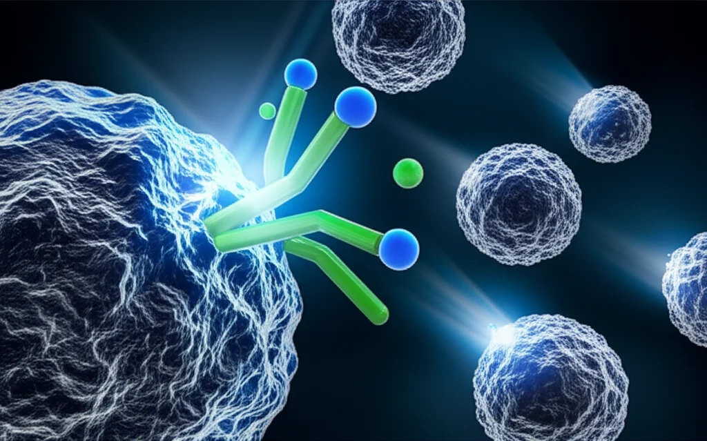 Visualizzazione 3D di anticorpi bispecifici che interagiscono con cellule T e cellule tumorali, su sfondo scuro con effetti luminosi che simulano l'attivazione immunitaria. Obiettivo macro 60mm, alta definizione per mostrare le strutture molecolari, illuminazione da studio per un look scientifico e moderno.