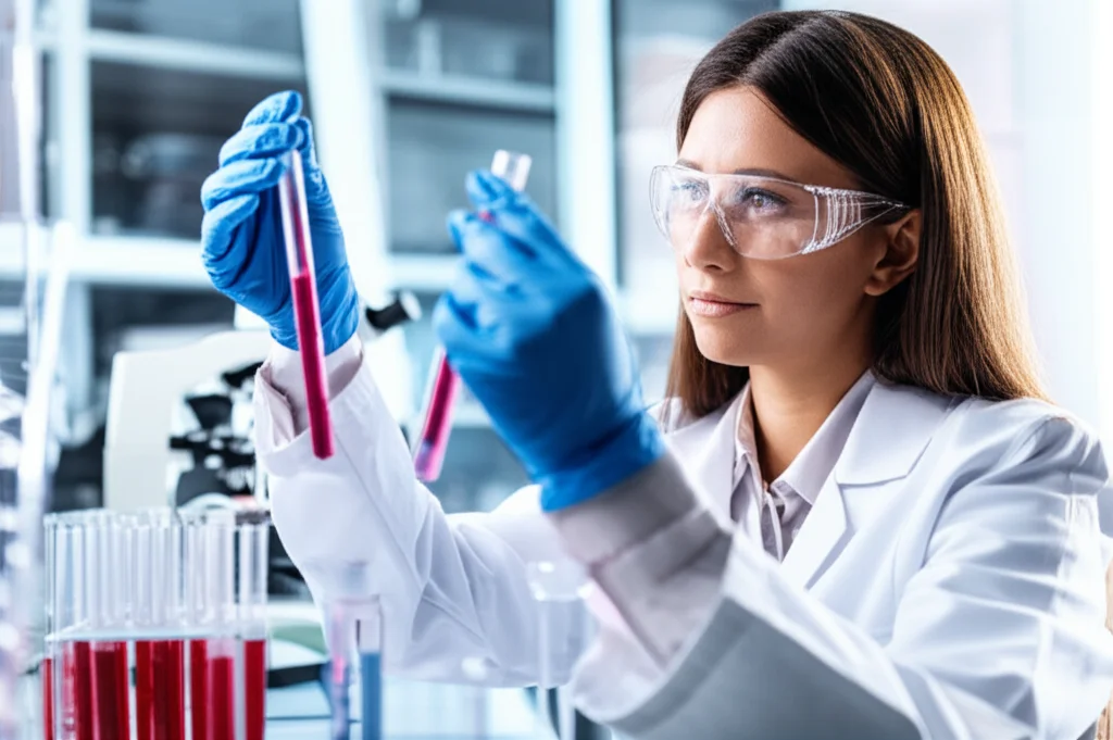 Una scienziata in un laboratorio di ricerca osserva attentamente una provetta contenente un campione di sangue, con strumentazione high-tech sullo sfondo. Portrait photography, zoom lens, 35mm, depth of field, luce soffusa che illumina il viso concentrato della ricercatrice.