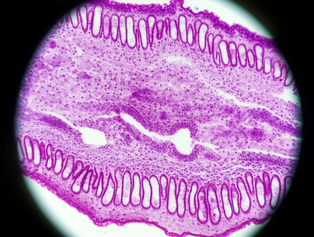 Immagine al microscopio di tubuli renali, alcuni sani e altri che mostrano segni di danno come distacco del bordo a spazzola o cellule infiammatorie. Macro lens, 100mm, high detail, precise focusing, controlled lighting, per illustrare il danno tubulare.