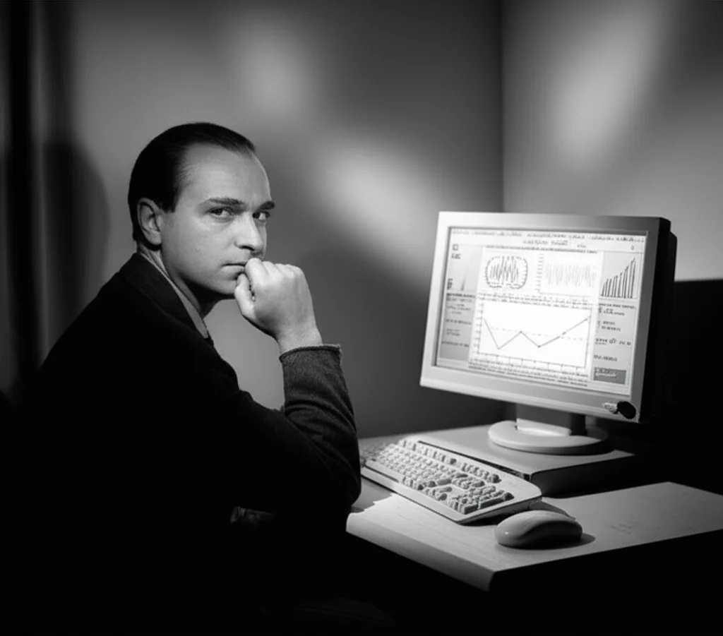 Un uomo seduto davanti a un computer in una stanza scarsamente illuminata, il viso teso e illuminato dallo schermo che mostra grafici di scommesse sportive. L'immagine dovrebbe trasmettere un senso di isolamento e stress. Obiettivo prime da 35mm, bianco e nero, profondità di campo per mettere a fuoco l'espressione dell'uomo.