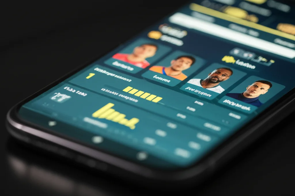 Schermata di un'applicazione di Daily Fantasy Sports su uno smartphone, con grafici e statistiche di giocatori. L'immagine dovrebbe suggerire la complessità e l'aspetto analitico del DFS. Lenti macro da 60mm, alta definizione, illuminazione controllata per evidenziare i dettagli dell'interfaccia.