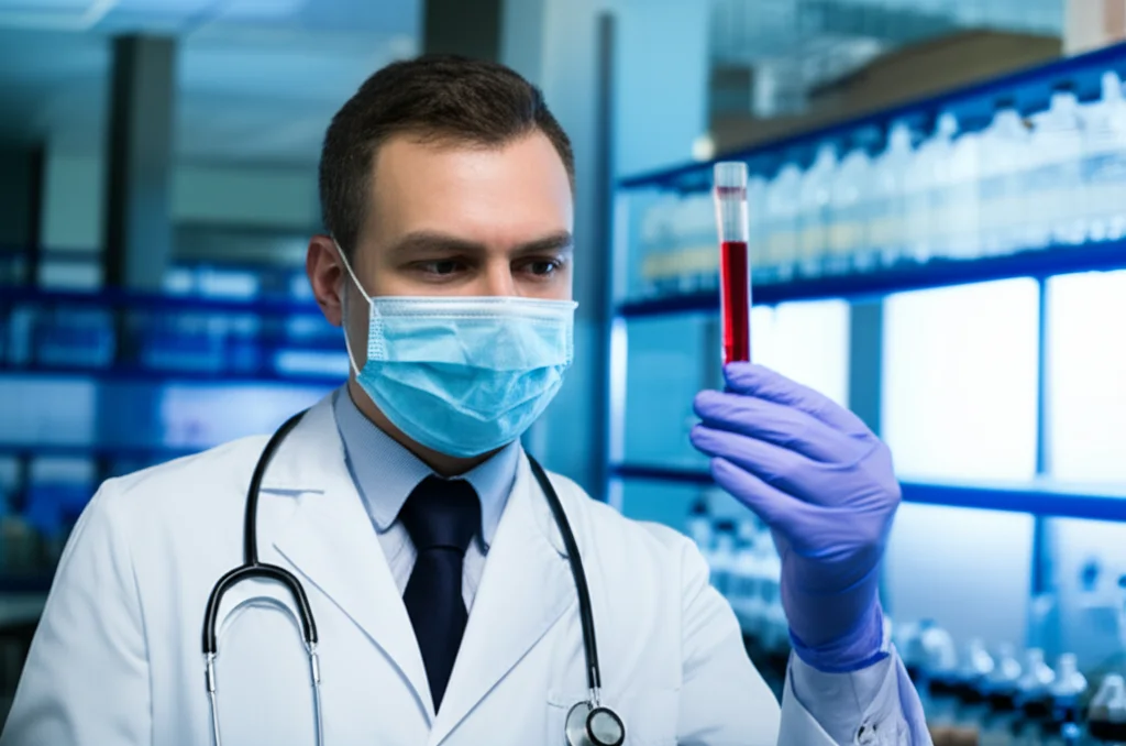 Un medico in camice bianco osserva con attenzione una provetta di sangue contenente un campione da analizzare, in un laboratorio moderno e ben illuminato. L'immagine è un primo piano con obiettivo macro da 60mm, con alta definizione e messa a fuoco precisa sulla provetta, per evidenziare l'aspetto scientifico e diagnostico.