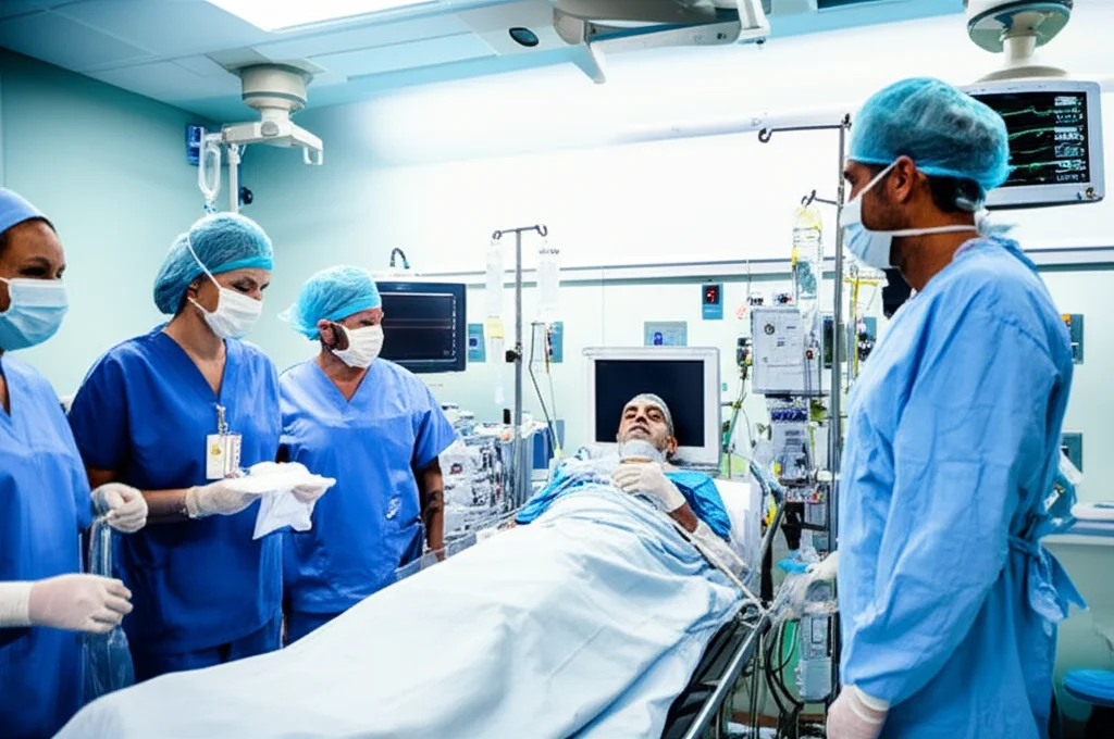 Un team di medici e infermieri in una moderna unità di terapia intensiva (ICU) che si prende cura di un paziente. L'ambiente è pieno di monitor e attrezzature mediche. L'immagine è una fotografia di reportage, obiettivo zoom 24-35mm, per catturare l'azione e l'ambiente, con illuminazione realistica della ICU.