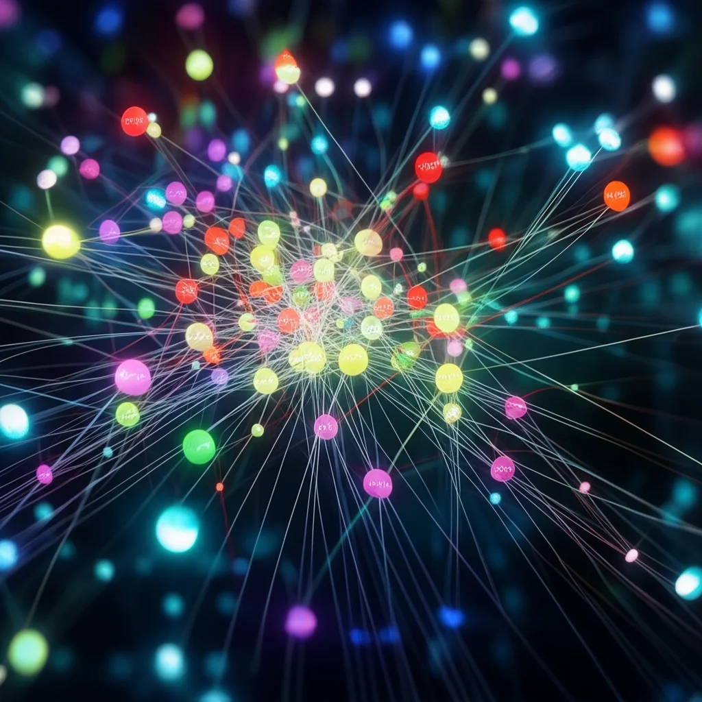 Visualizzazione 3D di una rete genica complessa con nodi luminosi che rappresentano i geni (MRs e target) e connessioni che simboleggiano le interazioni regolatorie nel medulloblastoma, su uno sfondo scuro high-tech. Macro lens, 60mm, high detail, precise focusing, controlled lighting.