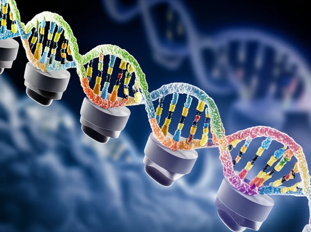 Illustrazione 3D di una sezione del genoma umano con regioni ripetute evidenziate in colori vivaci. Nanopori stilizzati della tecnologia ONT scansionano attivamente queste regioni, mostrando il passaggio del DNA. Dettaglio elevato sulle strutture molecolari, illuminazione drammatica che enfatizza la complessità. Lente macro 90mm.