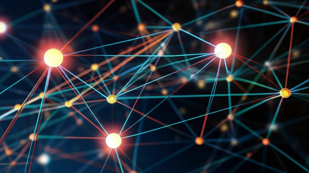 Visualizzazione astratta di una rete neurale profonda con nodi luminosi e connessioni intricate, che processa flussi di dati video rappresentati da particelle di luce colorata. Macro lens 85mm, high detail, illuminazione controllata per enfatizzare la complessità della rete, sfondo scuro per far risaltare gli elementi luminosi.