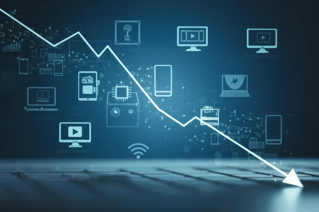 Un grafico stilizzato che mostra una linea di tendenza discendente molto ripida, simboleggiante la drastica riduzione della complessità computazionale, con icone di dispositivi IoT e video sullo sfondo. Fotografia di still life, macro lens 60mm, illuminazione da studio focalizzata sul grafico, high detail.