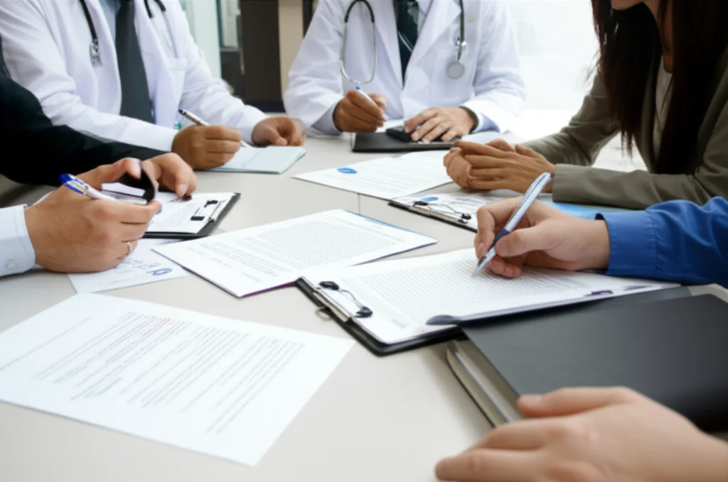 Un gruppo multiculturale di ricercatori e medici discute animatamente attorno a un tavolo pieno di documenti e questionari in diverse lingue, in un ambiente accademico moderno. L'immagine dovrebbe trasmettere collaborazione e rigore scientifico, utilizzando un obiettivo da 35mm per un effetto portrait di gruppo, con una leggera profondità di campo e illuminazione controllata.