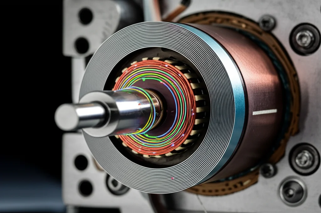 Un'immagine macro ad alto dettaglio dell'interno di un motore a riluttanza commutata, lente macro da 105mm, illuminazione controllata per evidenziare i poli dello statore e del rotore, con linee di flusso magnetico stilizzate che illustrano il principio di funzionamento e la potenziale origine del ripple di coppia.