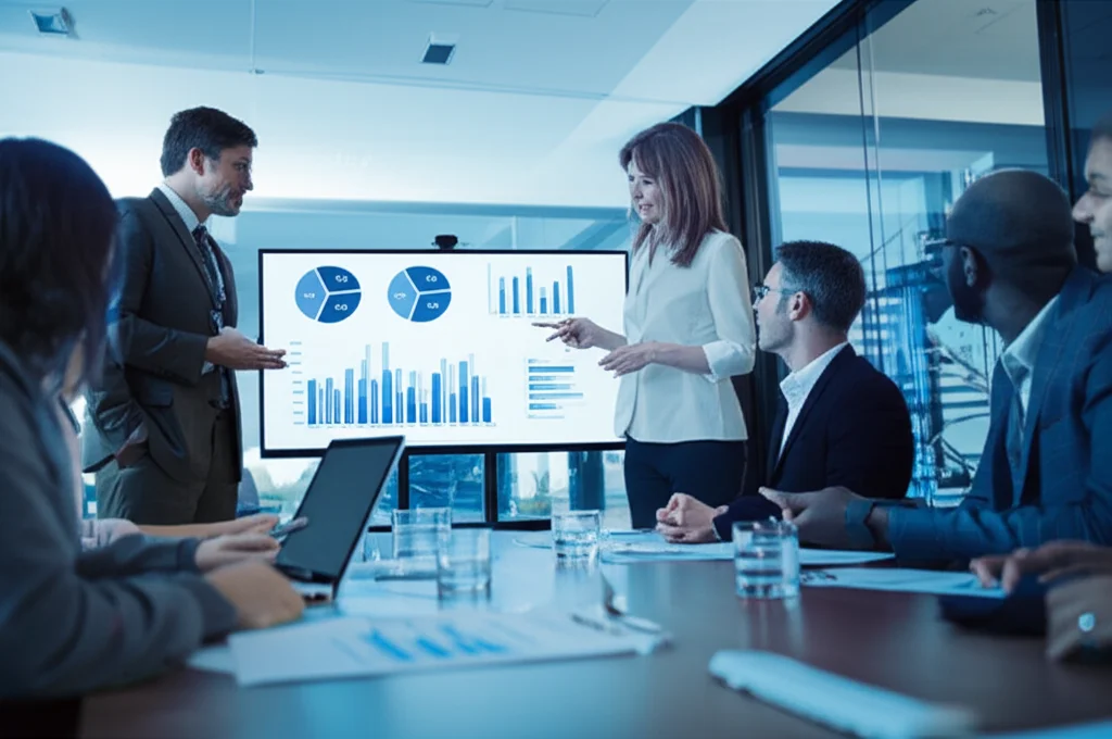 Un gruppo eterogeneo di data scientist e statistici, uomini e donne di diverse etnie ed età, riuniti attorno a un tavolo luminoso in una sala riunioni moderna, discutono animatamente ma costruttivamente su grafici e dati proiettati su uno schermo. L'atmosfera è di seria riflessione ma anche di collaborazione. Obiettivo prime, 35mm, profondità di campo per mettere a fuoco il gruppo ma sfocare leggermente lo sfondo, illuminazione controllata e professionale, toni blu e grigio duotone.