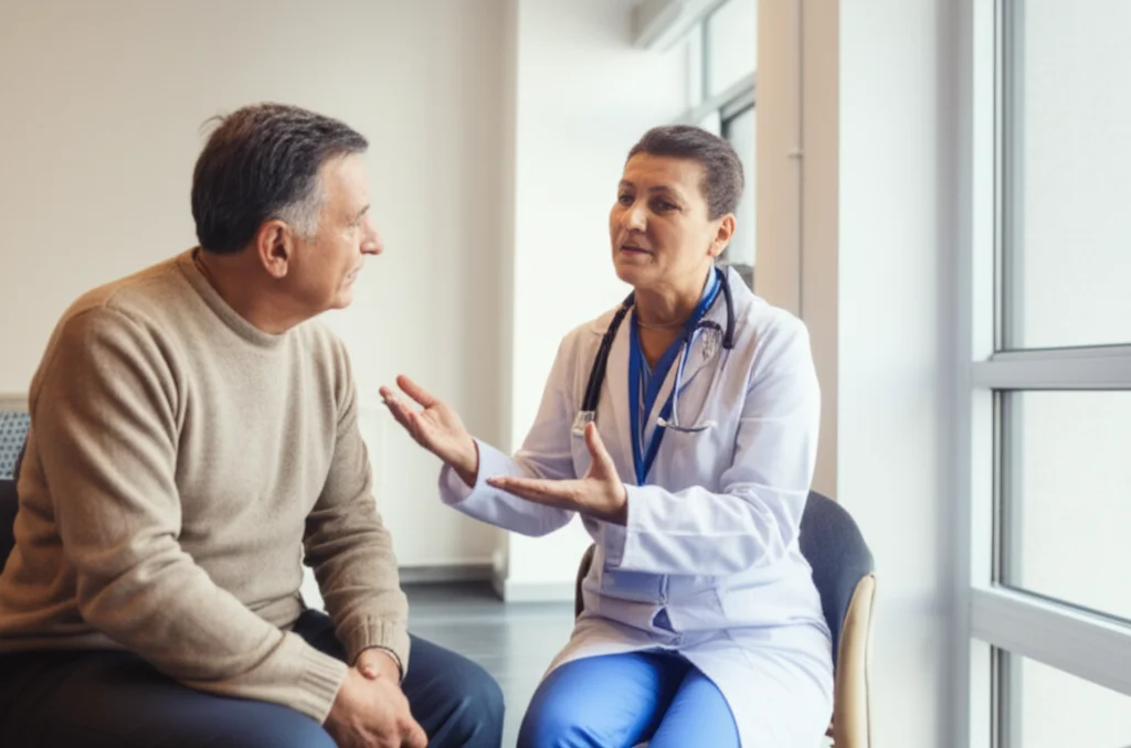Un medico dall'aspetto saggio e rassicurante, sulla sessantina, discute con un paziente anziano, sui settantacinque anni, seduti in una stanza d'ospedale moderna e luminosa. Prime lens, 35mm, depth of field, luce naturale soffusa che entra da una finestra, creando un'atmosfera di speranza e cura.