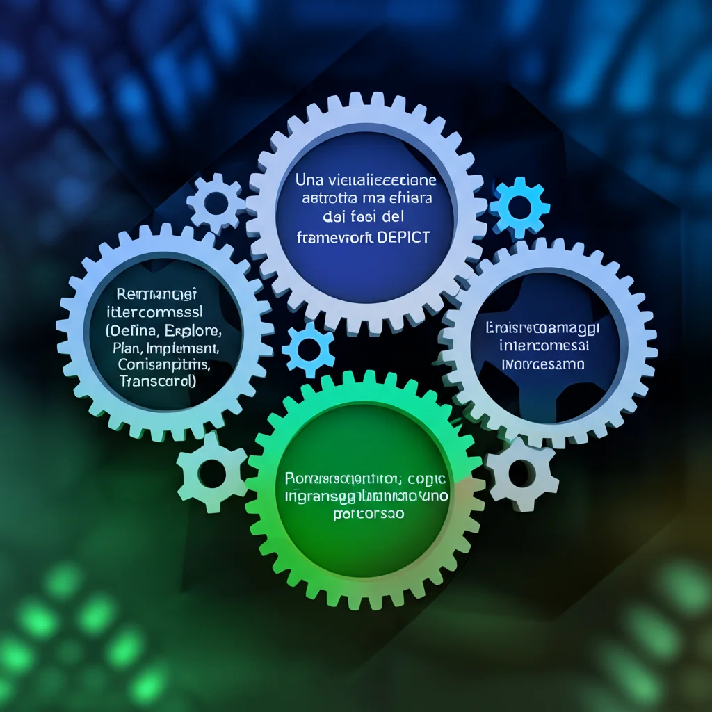 Una visualizzazione astratta ma chiara delle sei fasi del framework DEPICT (Define, Explore, Plan, Implement, Contemplate, Transcend) rappresentate come ingranaggi interconnessi o un percorso a tappe illuminate su uno sfondo tecnologico scuro. Colori vivaci ma professionali (blu, verde acqua, bianco). Obiettivo macro, 60mm, alta definizione, illuminazione che enfatizza la connessione tra le fasi, messa a fuoco precisa sugli ingranaggi.