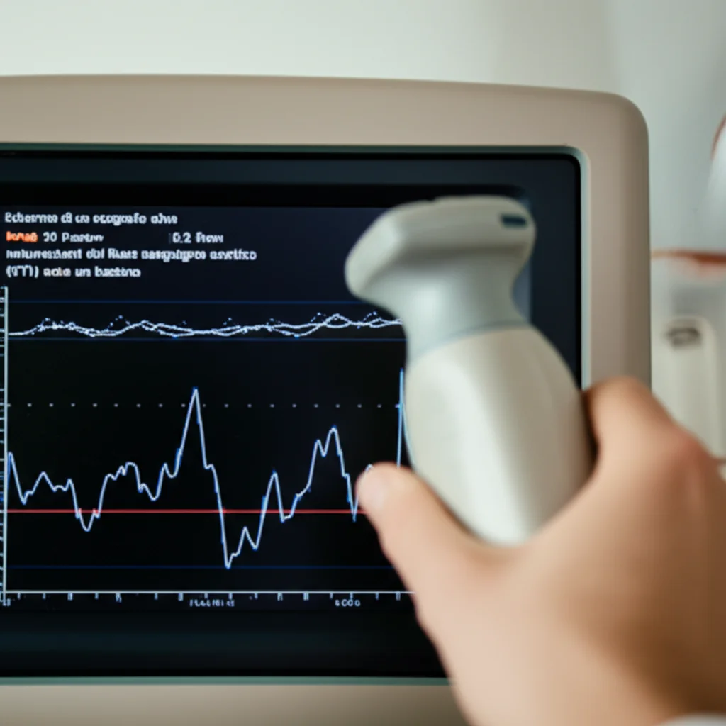 Schermo di un ecografo che mostra misurazioni del flusso sanguigno aortico (VTI) in un bambino. Grafici e numeri visibili. Mano di un operatore che tiene la sonda. Macro lens, 60mm, high detail, precise focusing.