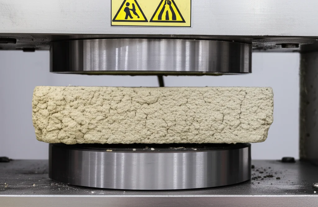 Fotografia d'azione di un campione cubico di calcestruzzo modificato con lattice di gomma naturale mentre viene sottoposto a un test di compressione in un macchinario da laboratorio industriale, teleobiettivo zoom 150mm, velocità dell'otturatore elevata per catturare l'istante della potenziale frattura, tracciamento del movimento delle piastre di compressione.