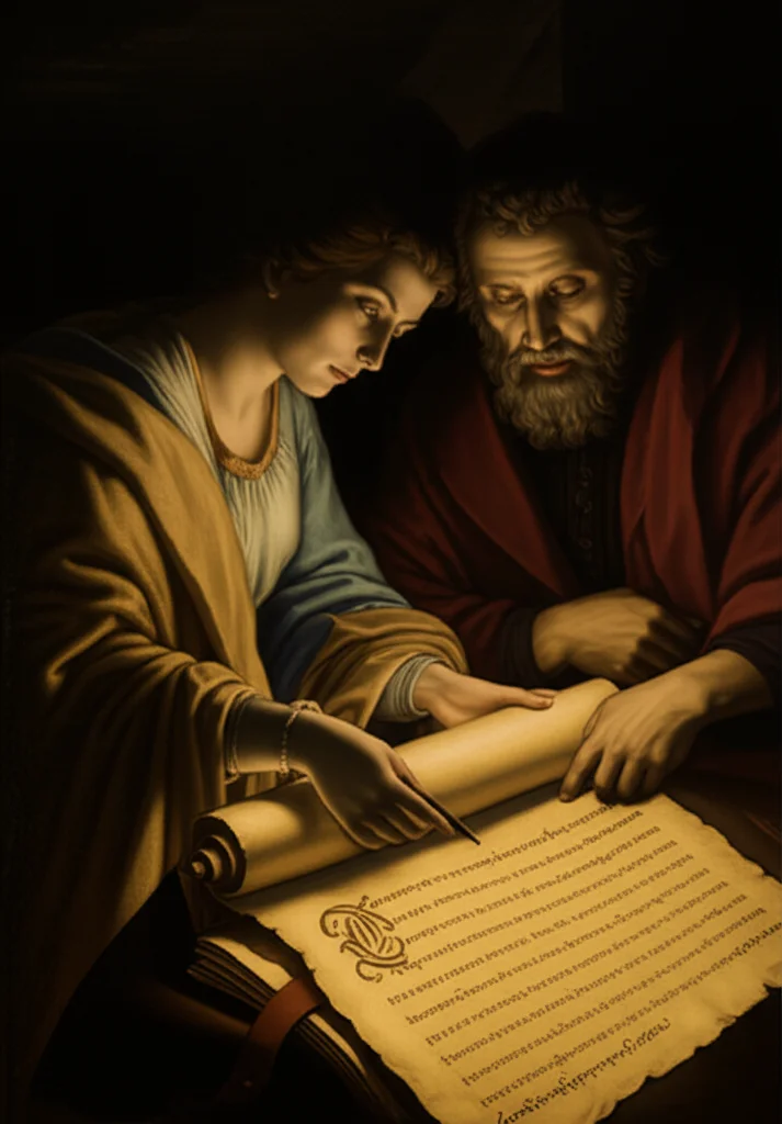 Due figure stilizzate, una che rappresenta un umano e l'altra un'IA, che collaborano alla stesura di un testo su un antico rotolo di pergamena illuminato. Stile pittorico classico con illuminazione drammatica, obiettivo prime da 50mm, per sottolineare la fusione tra tradizione e innovazione.