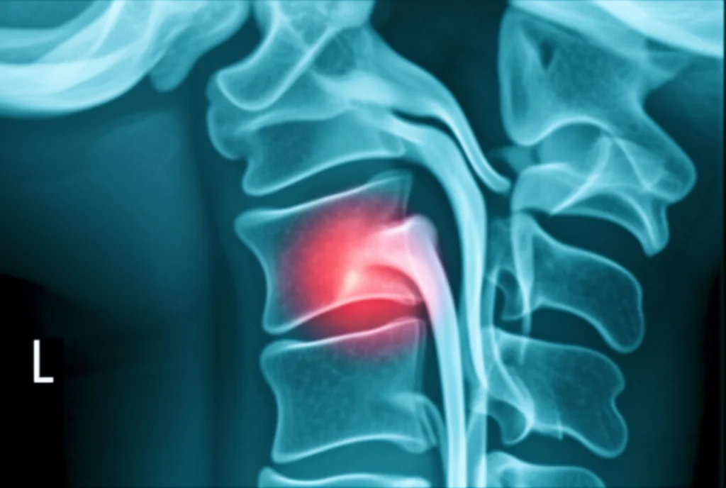 Primo piano di una sezione di colonna vertebrale cervicale umana trasparente che mostra chiaramente le vertebre e i dischi intervertebrali, con un'area evidenziata che indica la compressione del midollo spinale. Obiettivo macro, 100mm, alta definizione, illuminazione da studio per massima chiarezza dei dettagli anatomici.