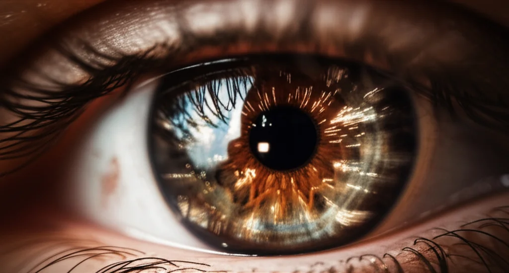 Un primo piano di un occhio umano che riflette complessi algoritmi e stringhe di codice luminose, simboleggiando la necessità di una 'alfabetizzazione IA' e di uno sguardo critico. Obiettivo macro da 105mm, alta definizione, illuminazione controllata per enfatizzare il riflesso.