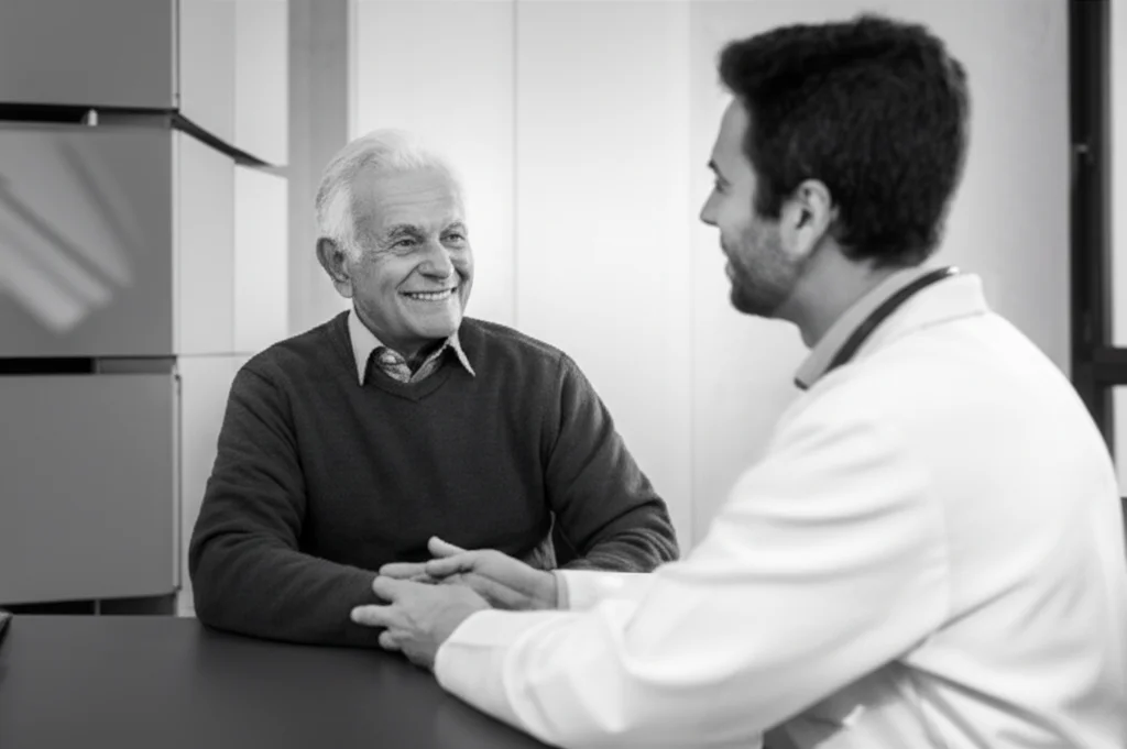 Ritratto di un uomo anziano, sui 80 anni, che sorride con fiducia al suo medico in uno studio luminoso e moderno. Il medico, più giovane, ascolta attentamente. Obiettivo da ritratto 35mm, bianco e nero film, profondità di campo, per enfatizzare l'interazione e la fiducia.