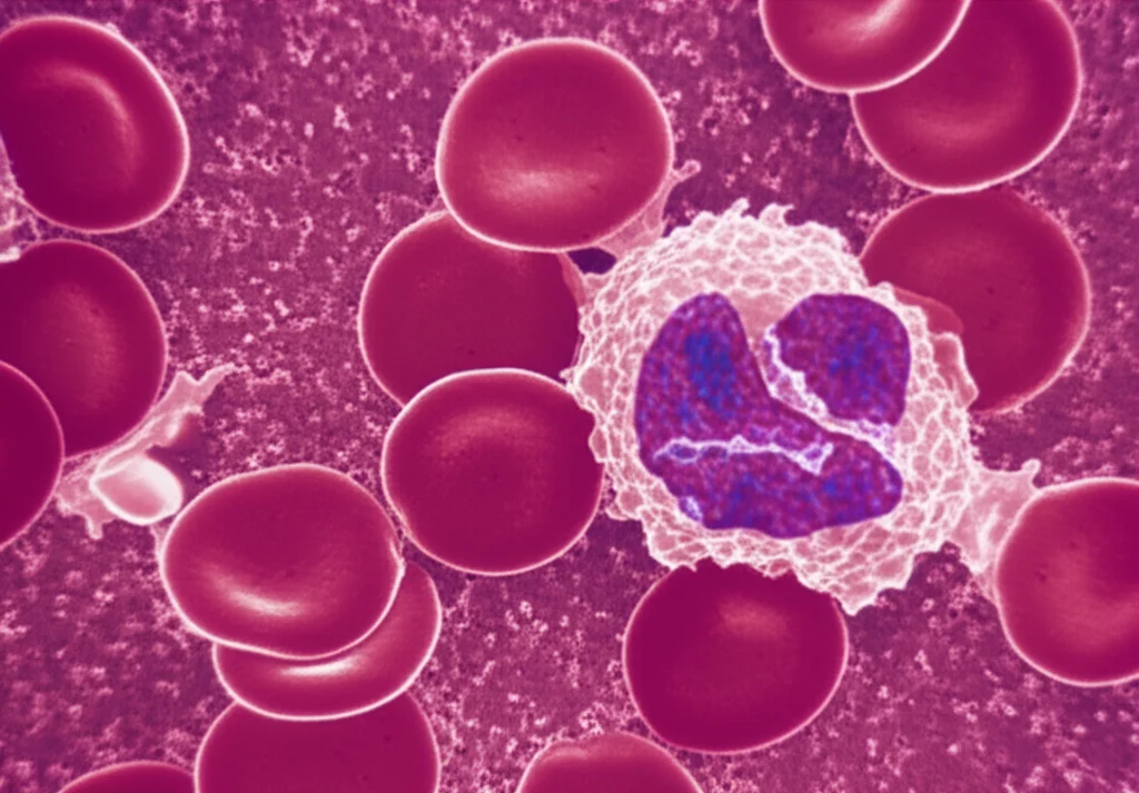 Visualizzazione al microscopio di globuli rossi, alcuni normali e altri a forma di falce, con un laccio emostatico chirurgico visibile sullo sfondo. Macro lens, 80mm, alta definizione, illuminazione controllata per evidenziare la differenza morfologica delle cellule e il contesto medico.