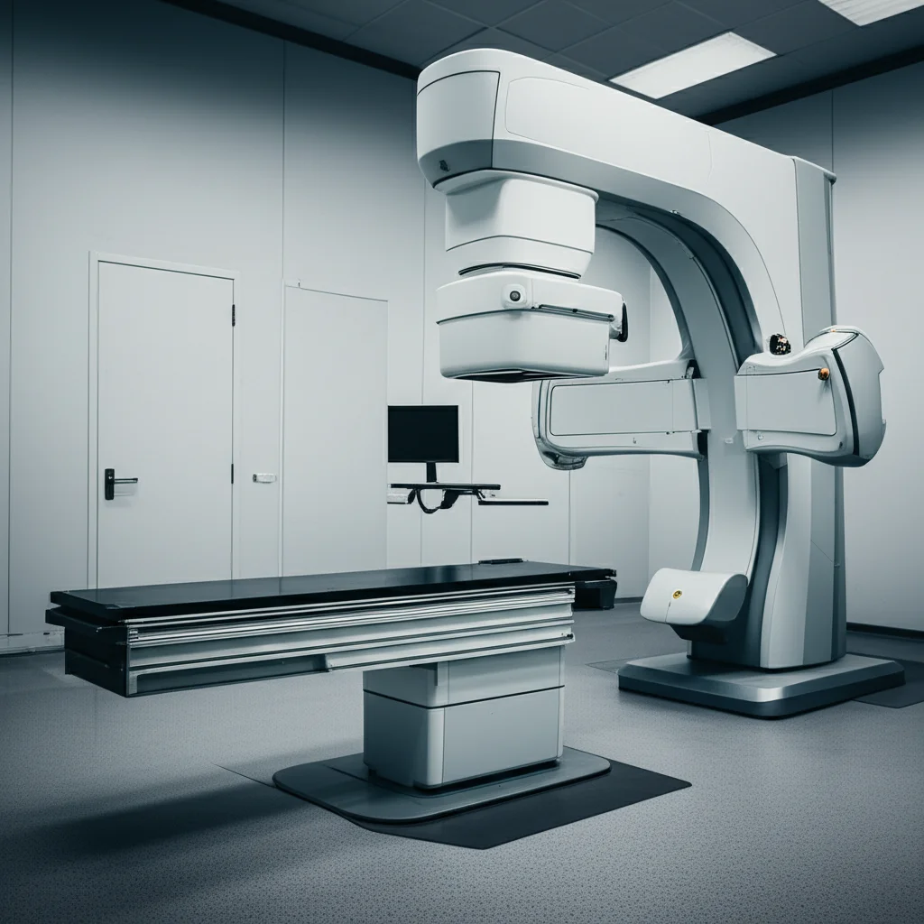 Immagine fotorealistica di un moderno acceleratore lineare in una sala di radioterapia, con focus sul gantry e le lamelle del collimatore. Illuminazione clinica controllata, alta definizione. Lens: Prime, 35mm. Dettagli: Profondità di campo, colori leggermente desaturati per un'estetica high-tech e pulita.