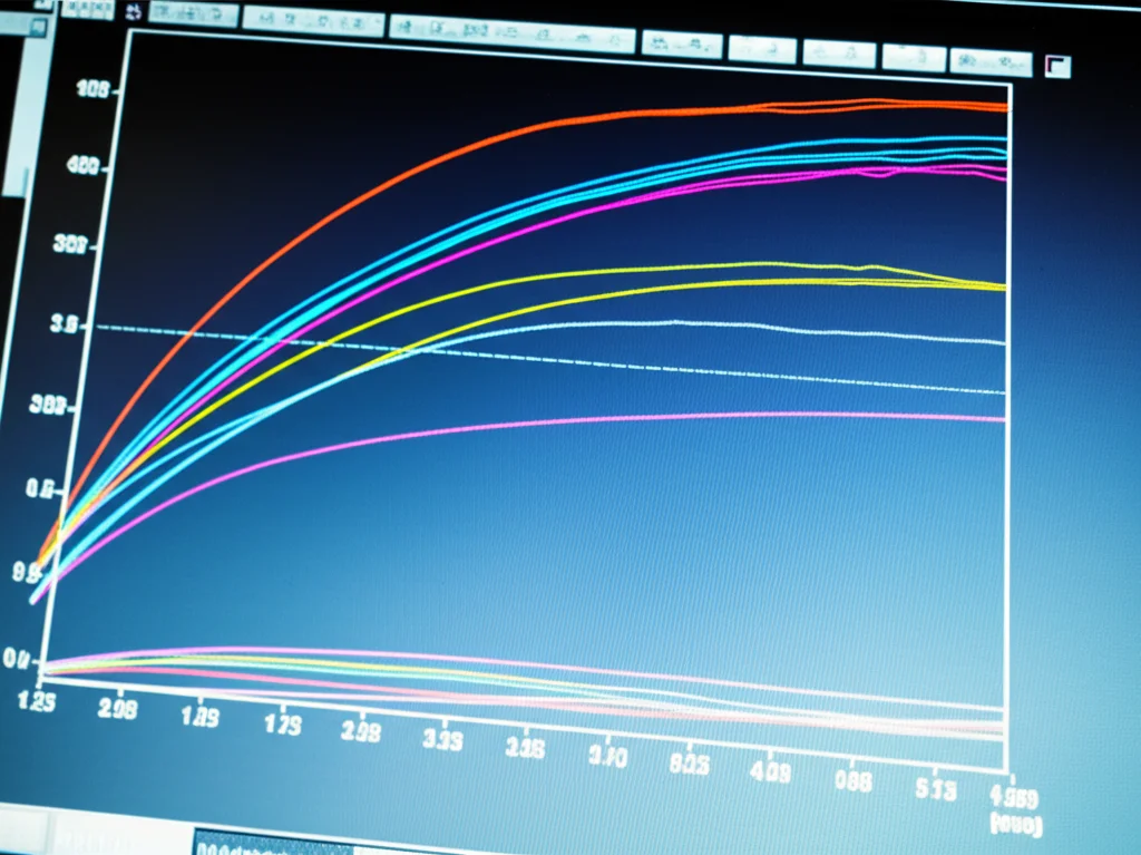 Primo piano macro di un grafico 3D di distribuzione della dose (DVH) su uno schermo di computer, con curve colorate che rappresentano la dose al volume bersaglio (seno) e agli organi a rischio (cuore, polmone). Alta definizione, illuminazione controllata per enfatizzare i dettagli del grafico. Lens: Macro, 90mm. Dettagli: Messa a fuoco precisa sulle curve, effetto di leggero bagliore dello schermo.