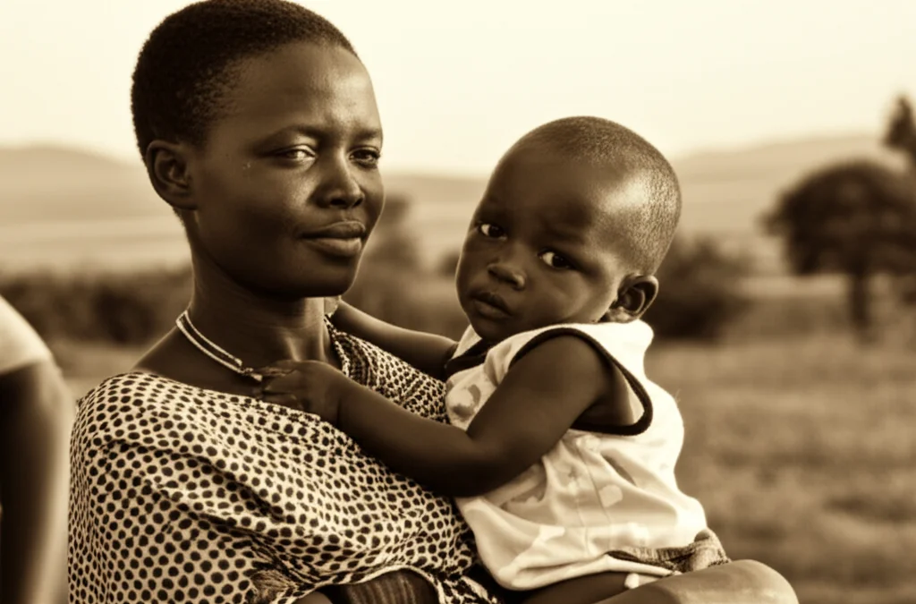 Fotografia di una giovane madre dell'Africa Orientale che tiene in braccio il suo bambino piccolo, con un'espressione pensierosa e sullo sfondo un paesaggio rurale tipico. Obiettivo da ritratto 35mm, toni caldi e seppia, profondità di campo per mettere a fuoco madre e figlio, luce naturale del tardo pomeriggio.
