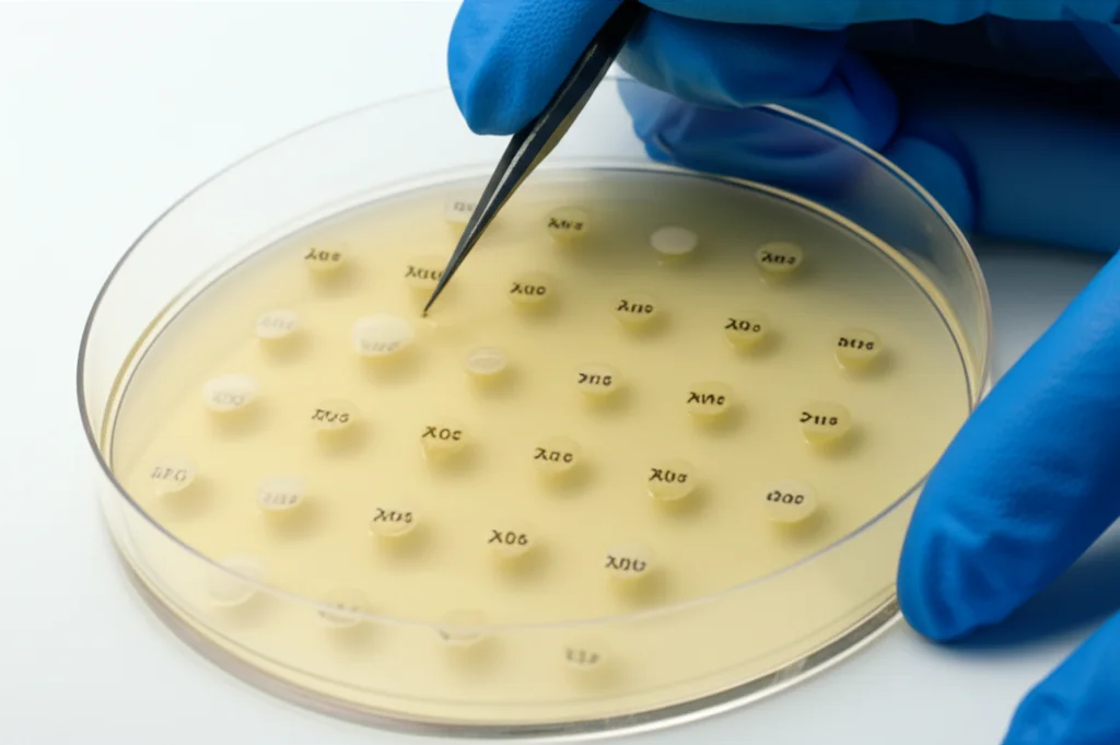 Primo piano di un tecnico di laboratorio che esegue un test di sensibilità agli antibiotici (metodo Kirby-Bauer) su una piastra di Muller-Hinton agar con dischetti di antibiotici, obiettivo macro 60mm, illuminazione precisa, alto dettaglio sui dischetti e sulle zone di inibizione.