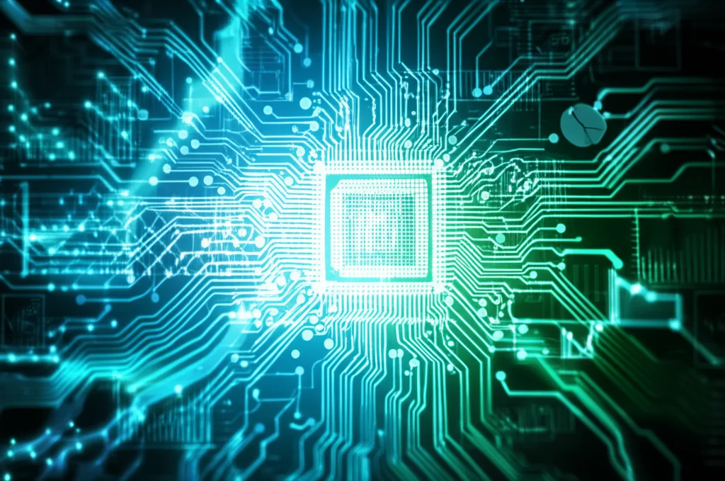 Immagine concettuale di dati digitali che fluiscono verso un cervello stilizzato o un chip di intelligenza artificiale, con grafici e diagrammi sullo sfondo che rappresentano l'analisi. Macro lens, 60mm, illuminazione controllata per evidenziare i dettagli dei circuiti e dei flussi di dati, colori freddi come blu e verde.