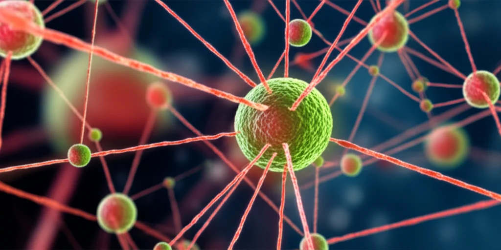 Visualizzazione astratta di reti genetiche complesse, con nodi luminosi che rappresentano geni e linee interconnesse che simboleggiano le interazioni. Alcuni nodi sono evidenziati in rosso (rischio) e verde (protezione), a rappresentare i loci di rischio condivisi e distinti tra diverse malattie come infarto, Alzheimer e cancro al polmone. Macro lens, 100mm, high detail, controlled lighting con un effetto bokeh sullo sfondo.