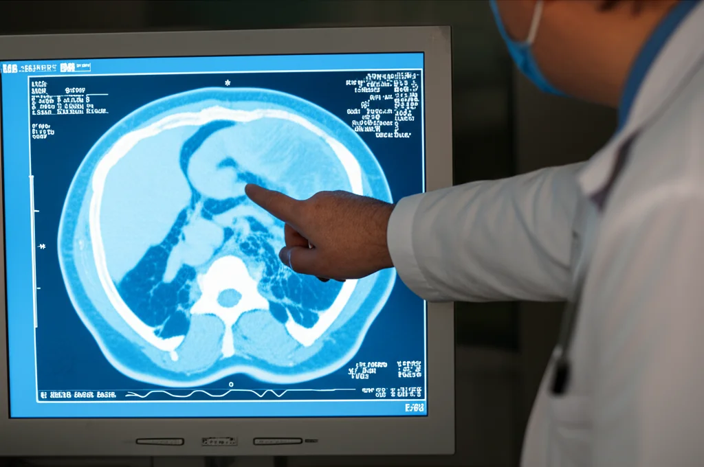 Primo piano di un'immagine TAC pediatrica visualizzata su un monitor medicale ad alta risoluzione. Si intravede una mano, forse di un docente o di uno studente, che indica un dettaglio anatomico o una potenziale anomalia. L'illuminazione è controllata per massimizzare la visibilità dei dettagli dell'immagine. Macro lens, 90mm, high detail, precise focusing.